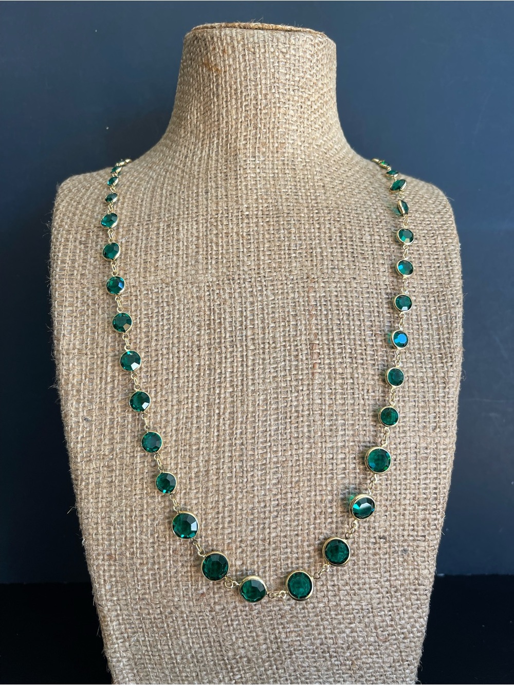 Vintage Emerald Green Faceted crystal bezel Necklace .